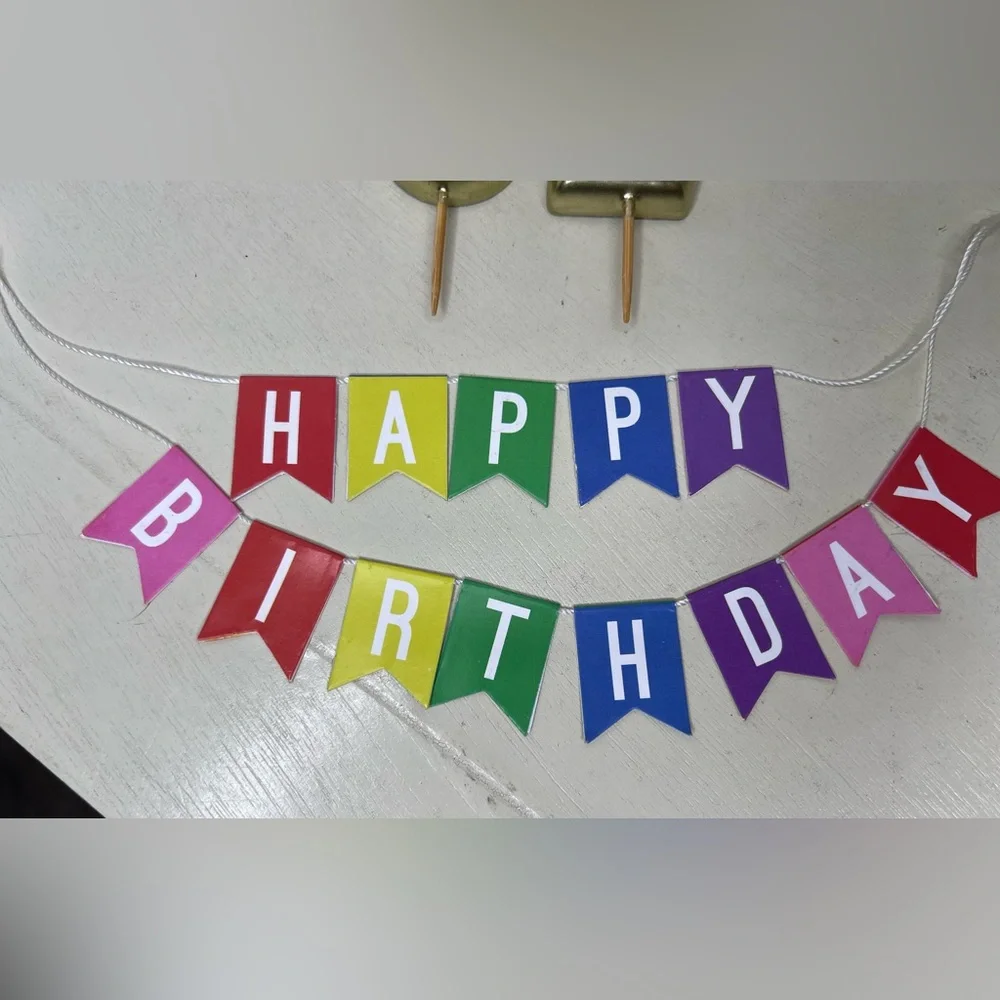 Brand New-HAPPY BIRTHDAY Cake Banner and “62” Gold Candles